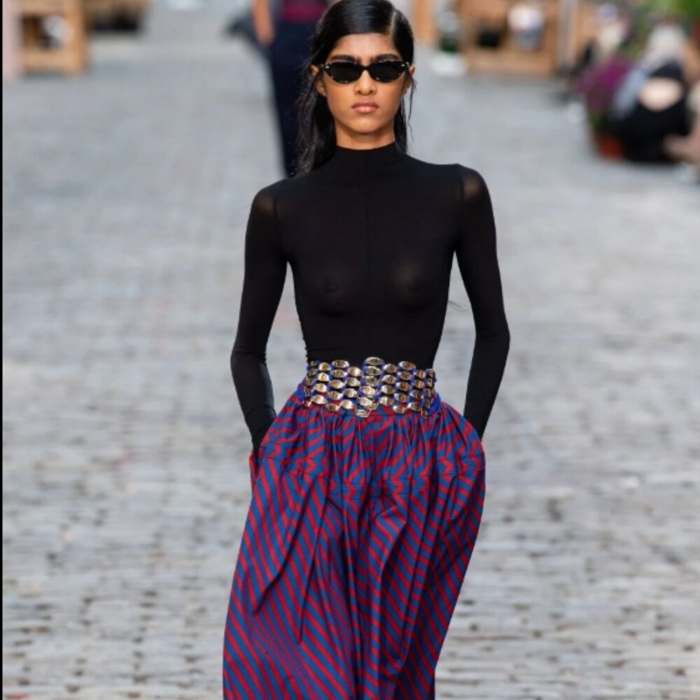 Tory Burch Spring 2022 Burgundy/Blue Striped Poplin Maxi Skirt XS (Orig. $599)